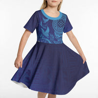 Fijian Tribal Manta Ray Kid Short Sleeve Dress Masi Motif with Coral Reef Ocean Vibe LT03 - Polynesian Pride