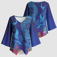 Fijian Tribal Manta Ray Kimono Sleeve Blouse Masi Motif with Coral Reef Ocean Vibe LT03 - Polynesian Pride