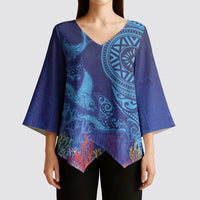 Fijian Tribal Manta Ray Kimono Sleeve Blouse Masi Motif with Coral Reef Ocean Vibe LT03 - Polynesian Pride