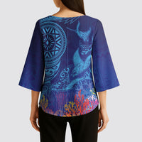 Fijian Tribal Manta Ray Kimono Sleeve Blouse Masi Motif with Coral Reef Ocean Vibe LT03 - Polynesian Pride