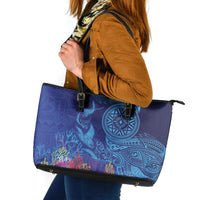 Fijian Tribal Manta Ray Leather Tote Bag Masi Motif with Coral Reef Ocean Vibe LT03 Blue - Polynesian Pride