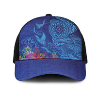 Fijian Tribal Manta Ray Mesh Trucker Cap Masi Motif with Coral Reef Ocean Vibe LT03 One Size Black Blue - Polynesian Pride