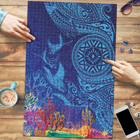 Fijian Tribal Manta Ray Puzzle Masi Motif with Coral Reef Ocean Vibe LT03 Blue - Polynesian Pride