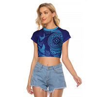 Fijian Tribal Manta Ray Raglan Cropped T Shirt Masi Motif with Coral Reef Ocean Vibe LT03 Female Blue - Polynesian Pride