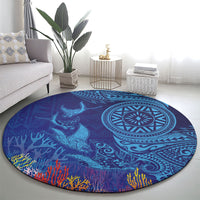 Fijian Tribal Manta Ray Round Carpet Masi Motif with Coral Reef Ocean Vibe LT03 - Polynesian Pride