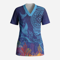 Fijian Tribal Manta Ray Scrub Top Masi Motif with Coral Reef Ocean Vibe LT03 Adult Blue - Polynesian Pride