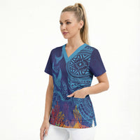 Fijian Tribal Manta Ray Scrub Top Masi Motif with Coral Reef Ocean Vibe LT03 - Polynesian Pride