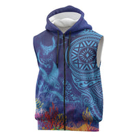 Fijian Tribal Manta Ray Sleeveless Zip Hoodie Masi Motif with Coral Reef Ocean Vibe LT03 Blue - Polynesian Pride