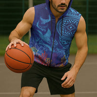 Fijian Tribal Manta Ray Sleeveless Zip Hoodie Masi Motif with Coral Reef Ocean Vibe LT03 - Polynesian Pride