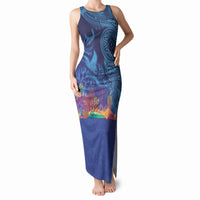 Fijian Tribal Manta Ray Tank Maxi Dress Masi Motif with Coral Reef Ocean Vibe LT03 Women Blue - Polynesian Pride