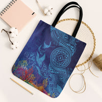 Fijian Tribal Manta Ray Tote Bag Masi Motif with Coral Reef Ocean Vibe LT03 Black Strap One Size Blue - Polynesian Pride