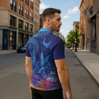 Fijian Tribal Manta Ray Zipper Polo Shirt Masi Motif with Coral Reef Ocean Vibe LT03 - Polynesian Pride