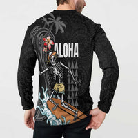 Hawaiian Halloween Skeleton Surfing Button Sweatshirt Polynesian Tribal Tattoo and Hawaiian Pattern