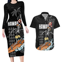Hawaiian Halloween Skeleton Surfing Couples Matching Long Sleeve Bodycon Dress and Hawaiian Shirt Polynesian Tribal Tattoo and Hawaiian Pattern