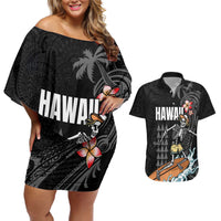 Hawaiian Halloween Skeleton Surfing Couples Matching Off Shoulder Short Dress and Hawaiian Shirt Polynesian Tribal Tattoo and Hawaiian Pattern LT03 Black - Polynesian Pride