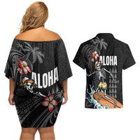 Hawaiian Halloween Skeleton Surfing Couples Matching Off Shoulder Short Dress and Hawaiian Shirt Polynesian Tribal Tattoo and Hawaiian Pattern LT03 - Polynesian Pride