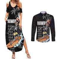 Hawaiian Halloween Skeleton Surfing Couples Matching Summer Maxi Dress and Long Sleeve Button Shirt Polynesian Tribal Tattoo and Hawaiian Pattern