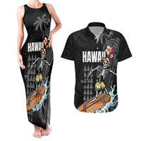 Hawaiian Halloween Skeleton Surfing Couples Matching Tank Maxi Dress and Hawaiian Shirt Polynesian Tribal Tattoo and Hawaiian Pattern LT03 Black - Polynesian Pride