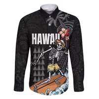 Hawaiian Halloween Skeleton Surfing Family Matching Long Sleeve Bodycon Dress and Hawaiian Shirt Polynesian Tribal Tattoo and Hawaiian Pattern LT03 Dad's Shirt - Long Sleeve Black - Polynesian Pride