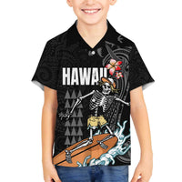 Hawaiian Halloween Skeleton Surfing Family Matching Off The Shoulder Long Sleeve Dress and Hawaiian Shirt Polynesian Tribal Tattoo and Hawaiian Pattern LT03 Son's Shirt Black - Polynesian Pride