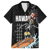 Hawaiian Halloween Skeleton Surfing Family Matching Off Shoulder Maxi Dress and Hawaiian Shirt Polynesian Tribal Tattoo and Hawaiian Pattern LT03 Dad's Shirt - Short Sleeve Black - Polynesian Pride