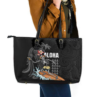 Hawaiian Halloween Skeleton Surfing Leather Tote Bag Polynesian Tribal Tattoo and Hawaiian Pattern