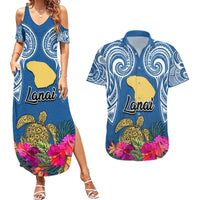 Hawaii Lanai Island Couples Matching Summer Maxi Dress and Hawaiian Shirt Hibiscus Turle and Map with Polynesian Spiral LT03 Blue - Polynesian Pride