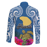 Hawaii Lanai Island Long Sleeve Button Shirt Hibiscus Turle and Map with Polynesian Spiral LT03 - Polynesian Pride
