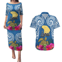 Custom Hawaii Lanai Island Couples Matching Puletasi Dress and Hawaiian Shirt Hibiscus Turle and Map with Polynesian Spiral LT03 Blue - Polynesian Pride