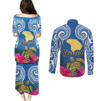 Custom Hawaii Lanai Island Couples Matching Puletasi Dress and Long Sleeve Button Shirts Hibiscus Turle and Map with Polynesian Spiral LT03 - Polynesian Pride