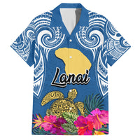 Custom Hawaii Lanai Island Family Matching Short Sleeve Bodycon Dress and Hawaiian Shirt Hibiscus Turle and Map with Polynesian Spiral LT03 Dad's Shirt - Short Sleeve Blue - Polynesian Pride