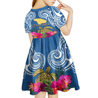 Custom Hawaii Lanai Island Kid Short Sleeve Dress Hibiscus Turle and Map with Polynesian Spiral LT03 - Polynesian Pride