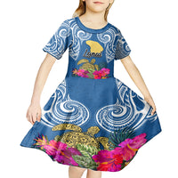 Custom Hawaii Lanai Island Kid Short Sleeve Dress Hibiscus Turle and Map with Polynesian Spiral LT03 - Polynesian Pride