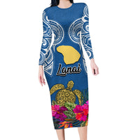 Custom Hawaii Lanai Island Long Sleeve Bodycon Dress Hibiscus Turle and Map with Polynesian Spiral LT03 Long Dress Blue - Polynesian Pride