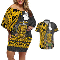 Hawaii Lanai Island Couples Matching Off Shoulder Short Dress and Hawaiian Shirt Hawaiian Warrior and Kakau Symbols Abstract Tattoo LT03 Yellow - Polynesian Pride