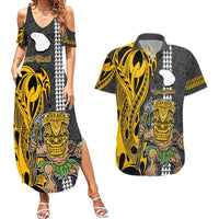 Custom Hawaii Lanai Island Couples Matching Summer Maxi Dress and Hawaiian Shirt Hawaiian Warrior and Kakau Symbols Abstract Tattoo LT03 Yellow - Polynesian Pride