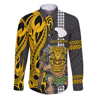 Custom Hawaii Lanai Island Family Matching Mermaid Dress and Hawaiian Shirt Hawaiian Warrior and Kakau Symbols Abstract Tattoo LT03 Dad's Shirt - Long Sleeve Yellow - Polynesian Pride