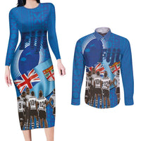 Fiji Rugby Sevens Couples Matching Long Sleeve Bodycon Dress and Long Sleeve Button Shirt Commemorate Gold Medal - Rio de Janeiro 2016 LT03 Blue - Polynesian Pride