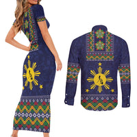Philippines Merry Christmas Couples Matching Short Sleeve Bodycon Dress and Long Sleeve Button Shirt Maligayang Pasko with Parol and Xmas Pattern Barong Style