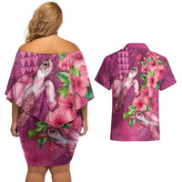 Hawaiian Turtle Love Couple Couples Matching Off Shoulder Short Dress and Hawaiian Shirt - Sweet Hibiscus and Kakau Pattern Rose Color LT03 - Polynesian Pride