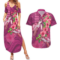 Hawaiian Turtle Love Couple Couples Matching Summer Maxi Dress and Hawaiian Shirt - Sweet Hibiscus and Kakau Pattern Rose Color