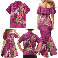 Hawaiian Turtle Love Couple Family Matching Mermaid Dress and Hawaiian Shirt - Sweet Hibiscus and Kakau Pattern Rose Color