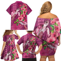 Hawaiian Turtle Love Couple Family Matching Off Shoulder Short Dress and Hawaiian Shirt - Sweet Hibiscus and Kakau Pattern Rose Color