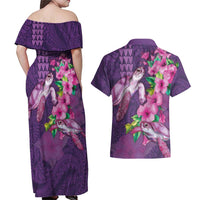 Hawaiian Turtle Love Couple Couples Matching Off Shoulder Maxi Dress and Hawaiian Shirt - Sweet Hibiscus and Kakau Pattern Deep Purple Color