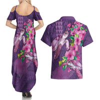 Hawaiian Turtle Love Couple Couples Matching Summer Maxi Dress and Hawaiian Shirt - Sweet Hibiscus and Kakau Pattern Deep Purple Color