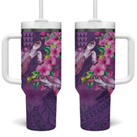 Hawaiian Turtle Love Couple Tumbler With Handle Sweet Hibiscus and Kakau Pattern Deep Purple Color