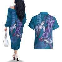 Hawaiian Turtle Love Couple Couples Matching Off The Shoulder Long Sleeve Dress and Hawaiian Shirt - Sweet Hibiscus and Kakau Pattern Sapphire Color