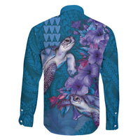 Hawaiian Turtle Love Couple Family Matching Long Sleeve Bodycon Dress and Hawaiian Shirt - Sweet Hibiscus and Kakau Pattern Sapphire Color