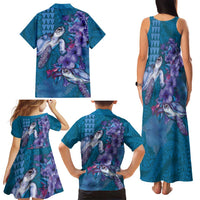 Hawaiian Turtle Love Couple Family Matching Tank Maxi Dress and Hawaiian Shirt - Sweet Hibiscus and Kakau Pattern Sapphire Color