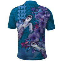 Hawaiian Turtle Love Couple Polo Shirt - Sweet Hibiscus and Kakau Pattern Sapphire Color
